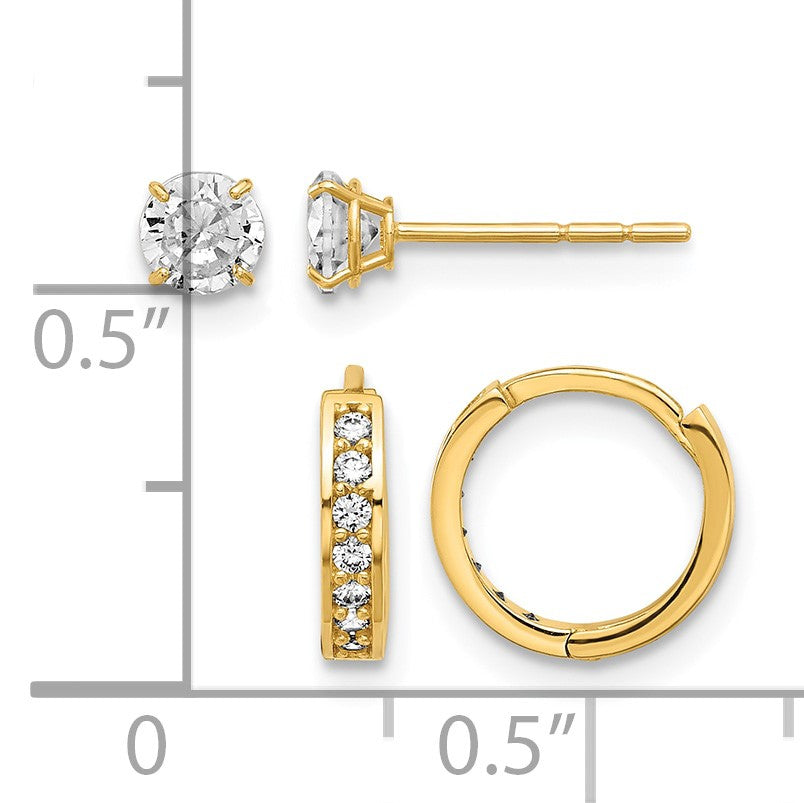14K Set of Two Pair 4mm CZ Post and 1.00x10mm Hinged Hoop Earrings