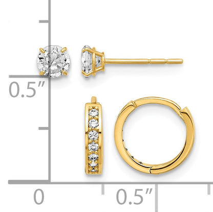 14K Set of Two Pair 4mm CZ Post and 1.00x10mm Hinged Hoop Earrings