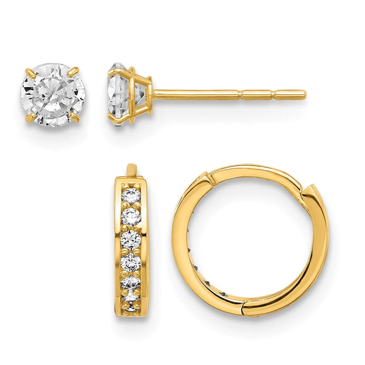 14K Set of Two Pair 4mm CZ Post and 1.00x10mm Hinged Hoop Earrings