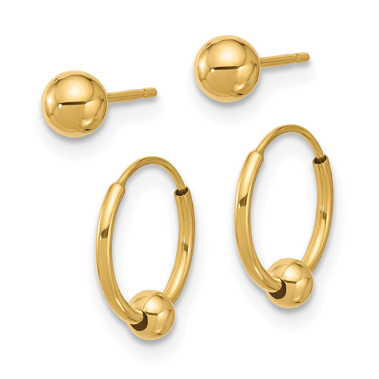 14K Set of Two Pair Polished 4mm Ball and Beaded Endless Hoop Earrings