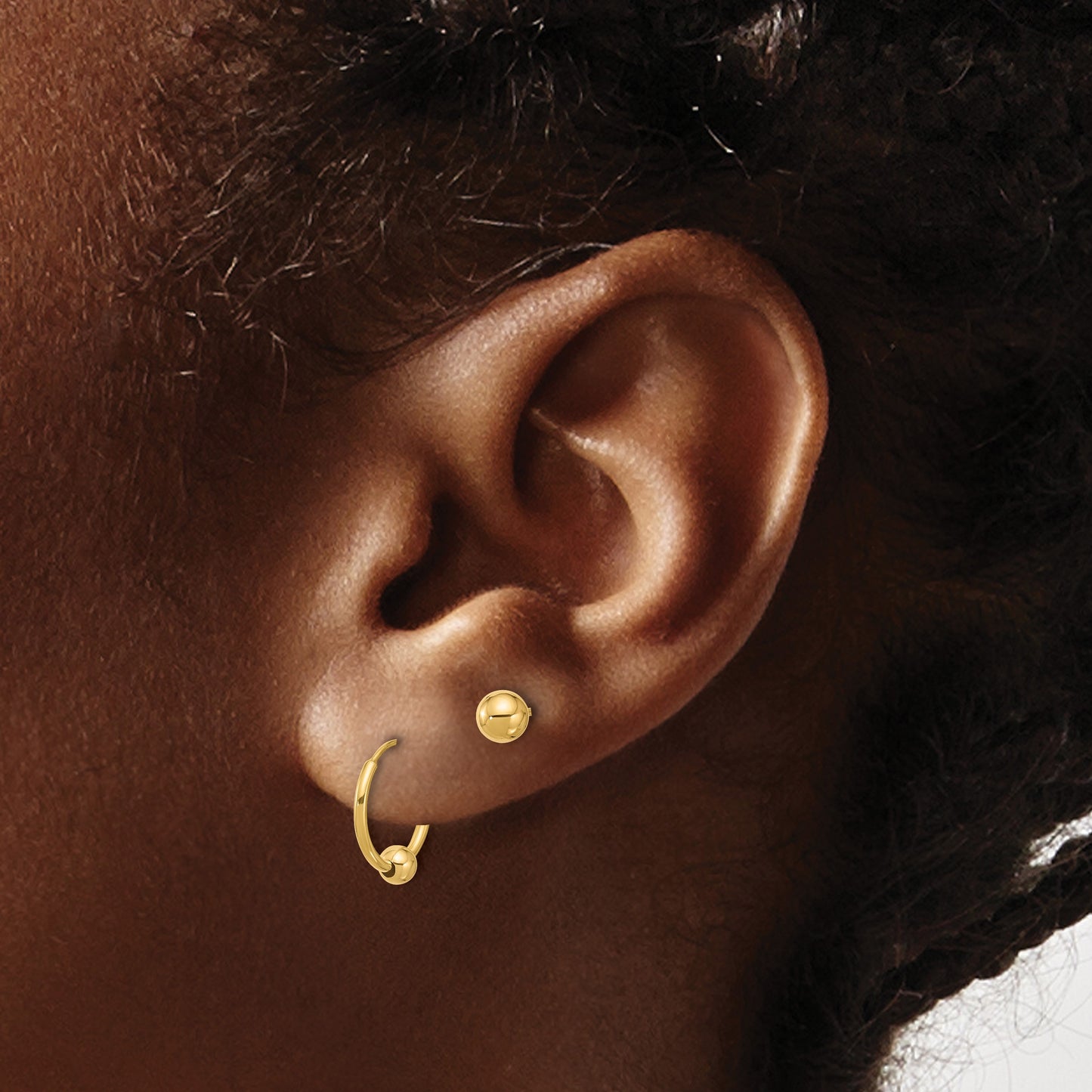 14K Set of Two Pair Polished 4mm Ball and Beaded Endless Hoop Earrings