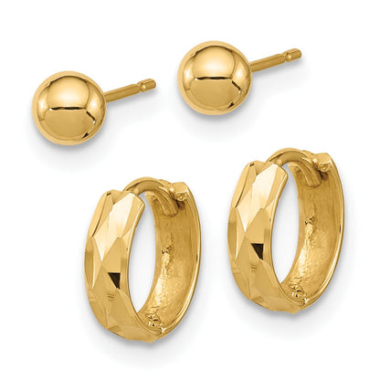 14K Set of Two Pair Polished 4mm Ball and Diamond-cut Hinged Hoop Earrings