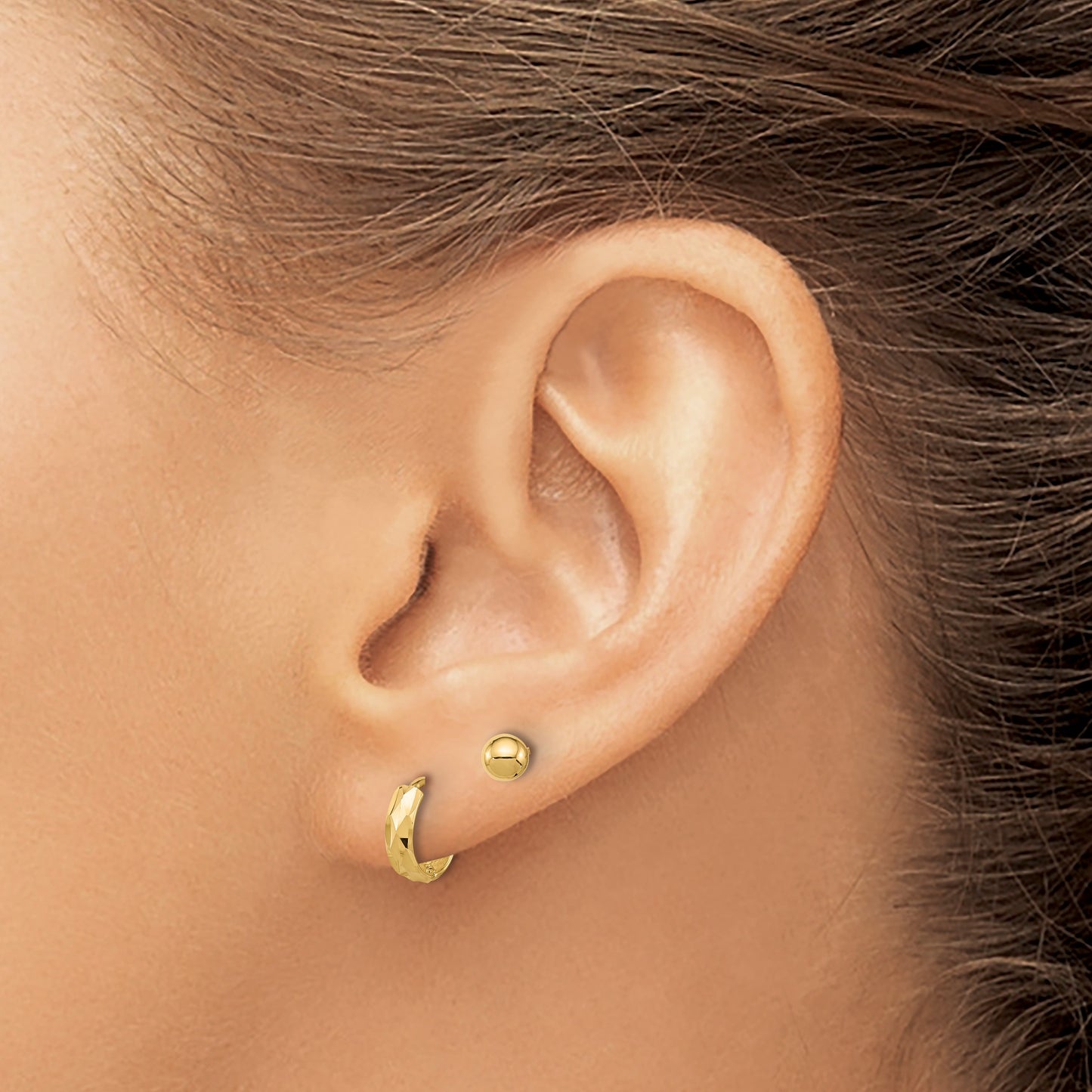 14K Set of Two Pair Polished 4mm Ball and Diamond-cut Hinged Hoop Earrings