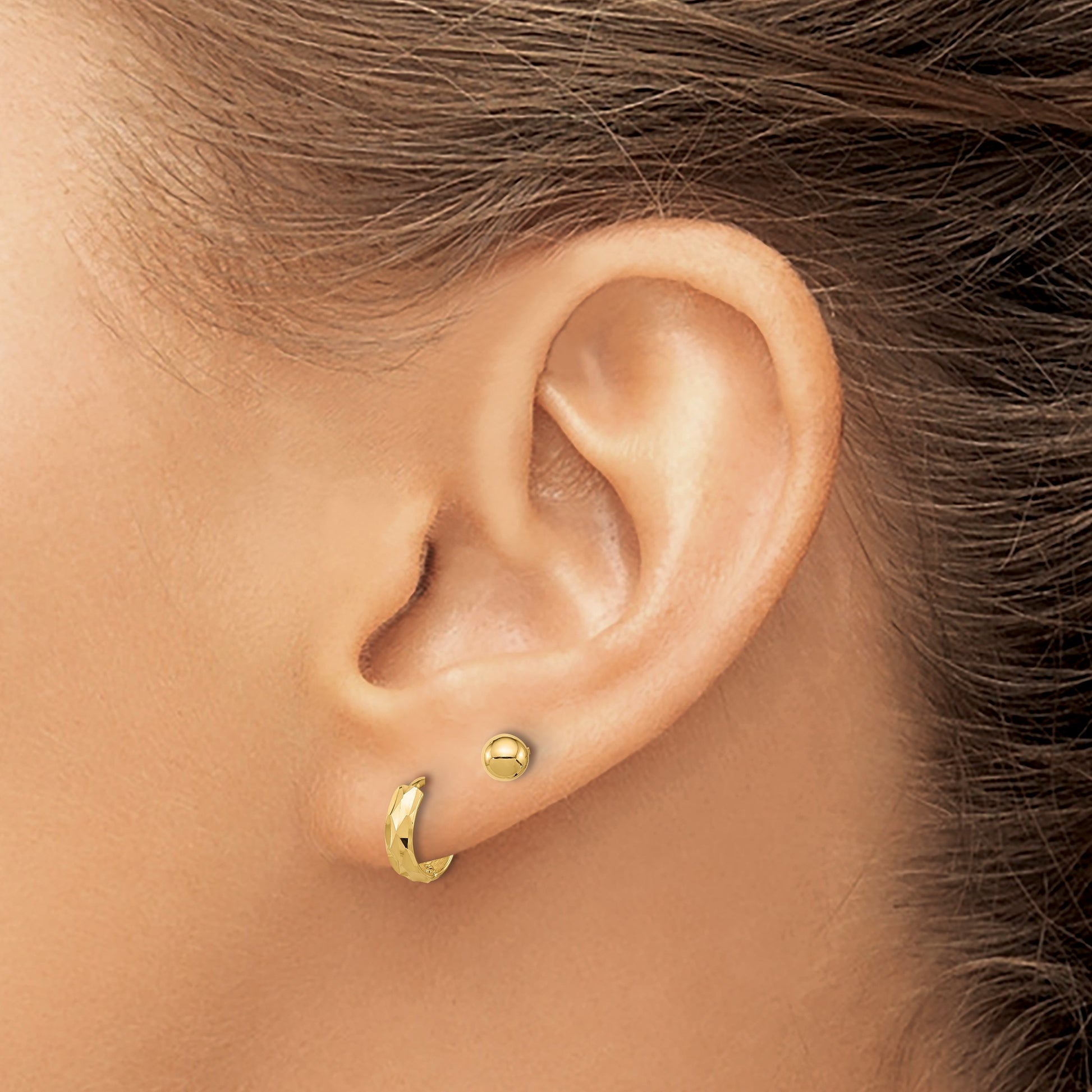 14K Set of Two Pair Polished 4mm Ball and Diamond-cut Hinged Hoop Earrings