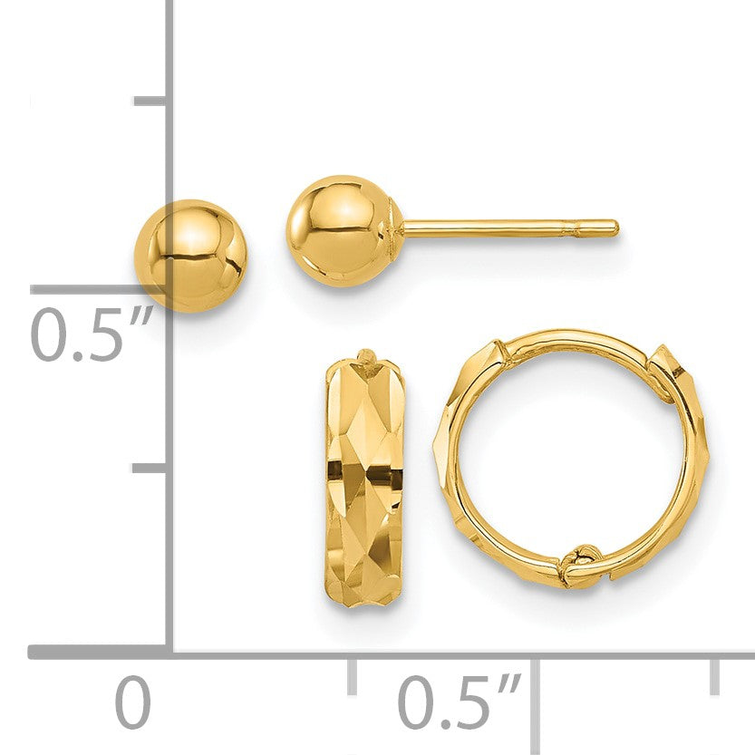 14K Set of Two Pair Polished 4mm Ball and Diamond-cut Hinged Hoop Earrings