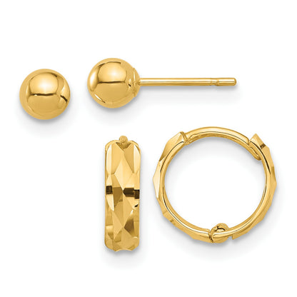 14K Set of Two Pair Polished 4mm Ball and Diamond-cut Hinged Hoop Earrings