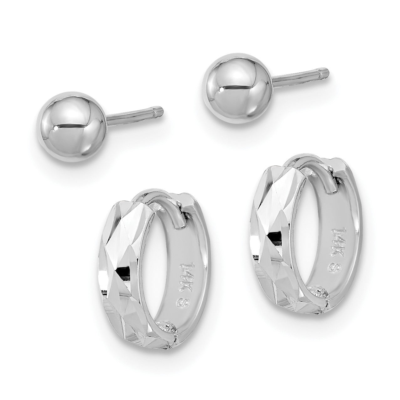 14K White Gold Set of Two Pair Polished 4mm Ball and Diamond-cut Hinged Hoop Earrings