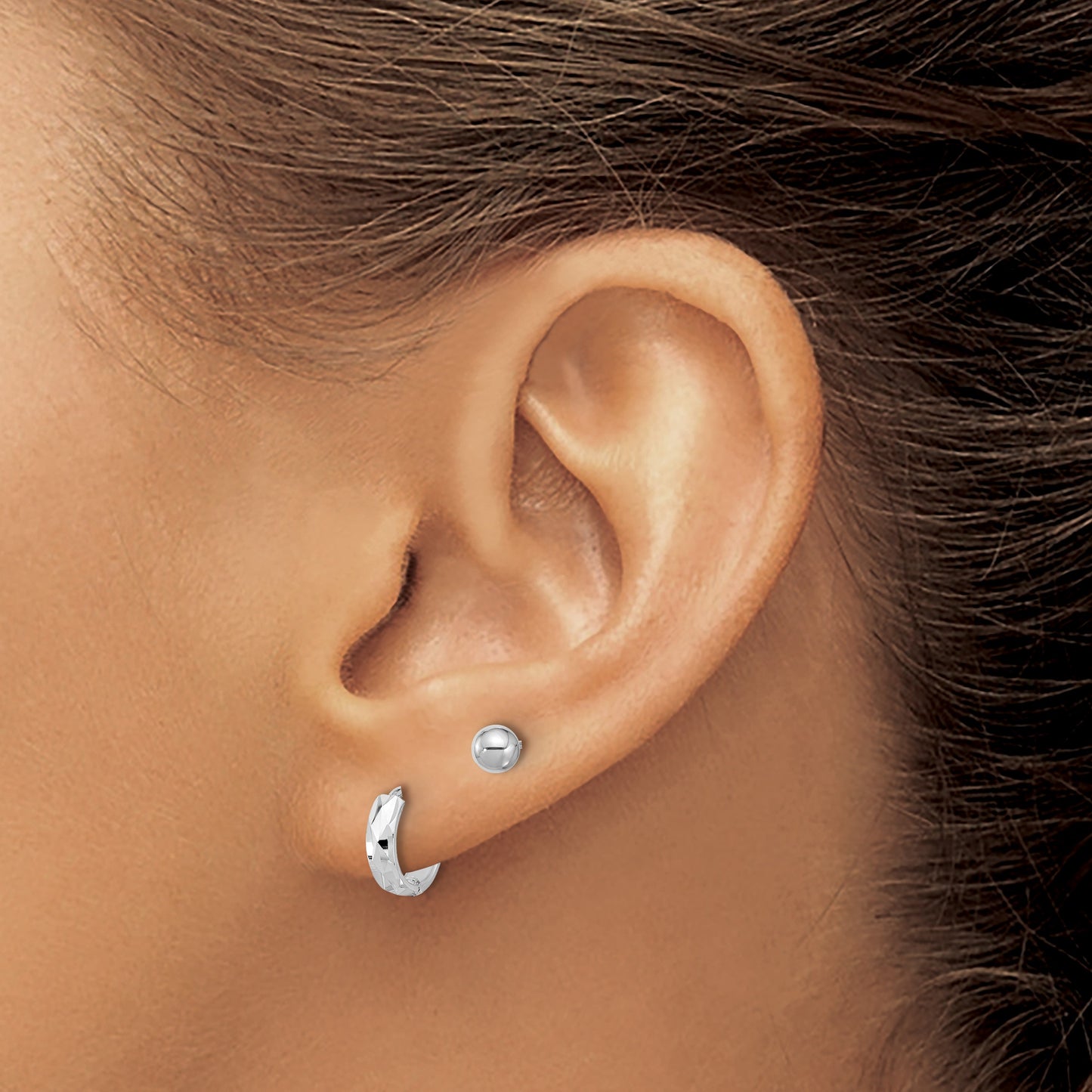 14K White Gold Set of Two Pair Polished 4mm Ball and Diamond-cut Hinged Hoop Earrings