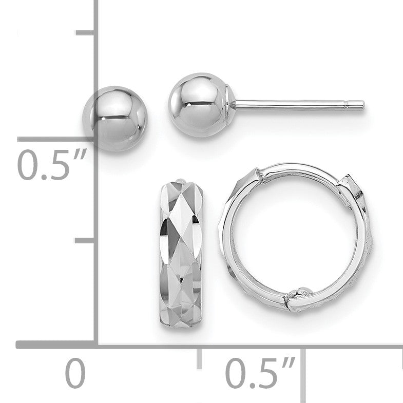 14K White Gold Set of Two Pair Polished 4mm Ball and Diamond-cut Hinged Hoop Earrings
