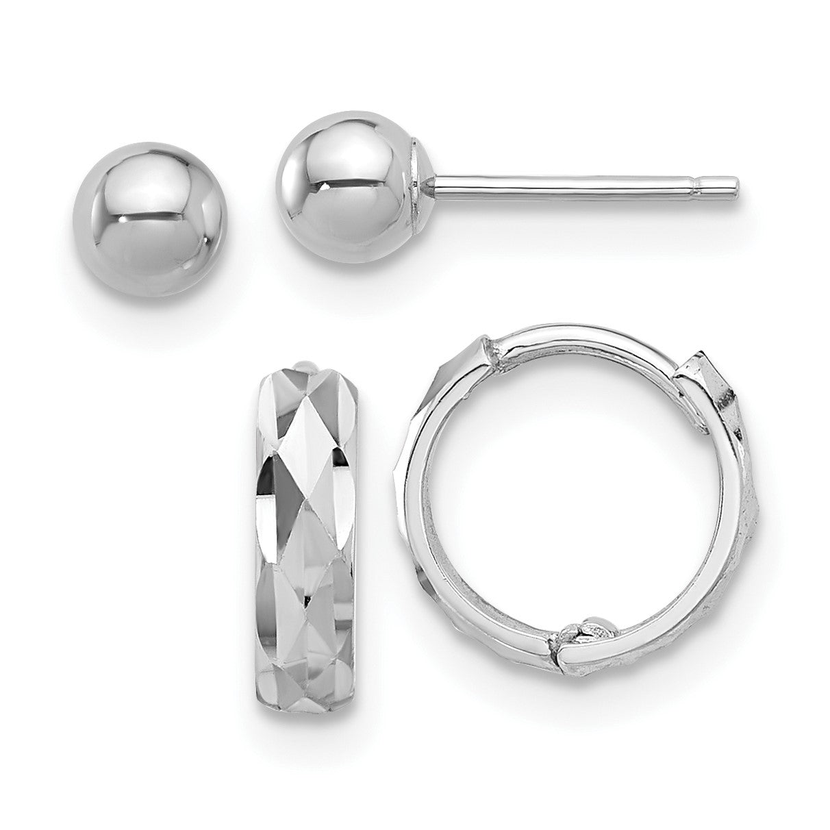 14K White Gold Set of Two Pair Polished 4mm Ball and Diamond-cut Hinged Hoop Earrings