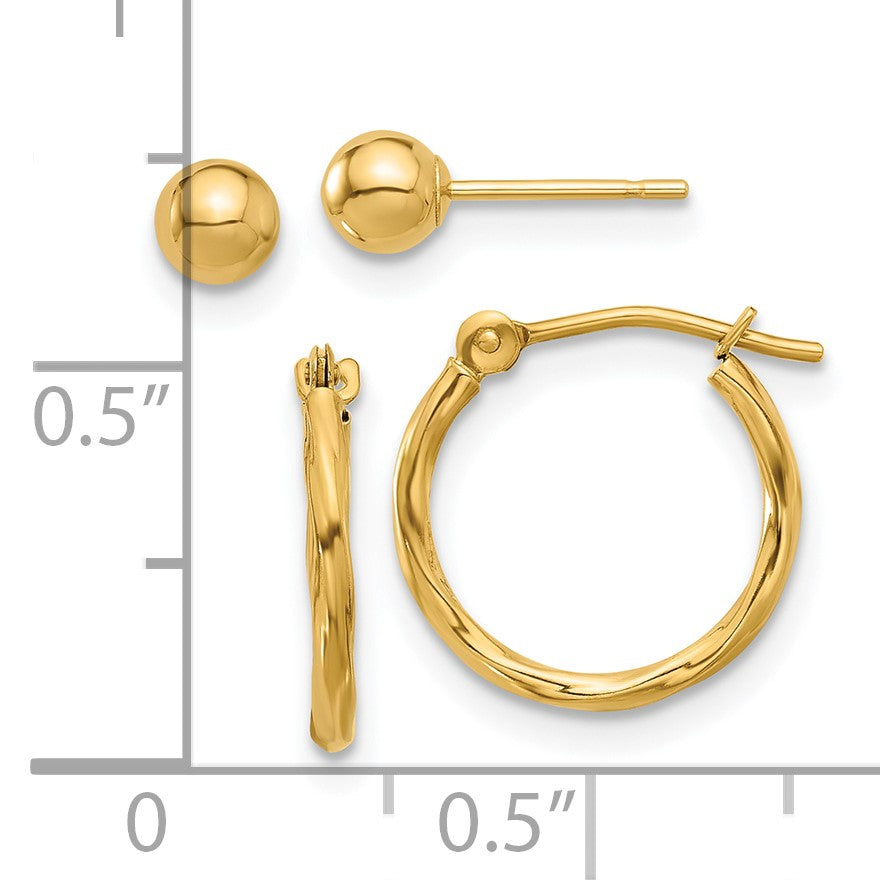 14K Set of Two Pair Polished 4mm Ball and 1x12mm Twisted Hoop Earrings