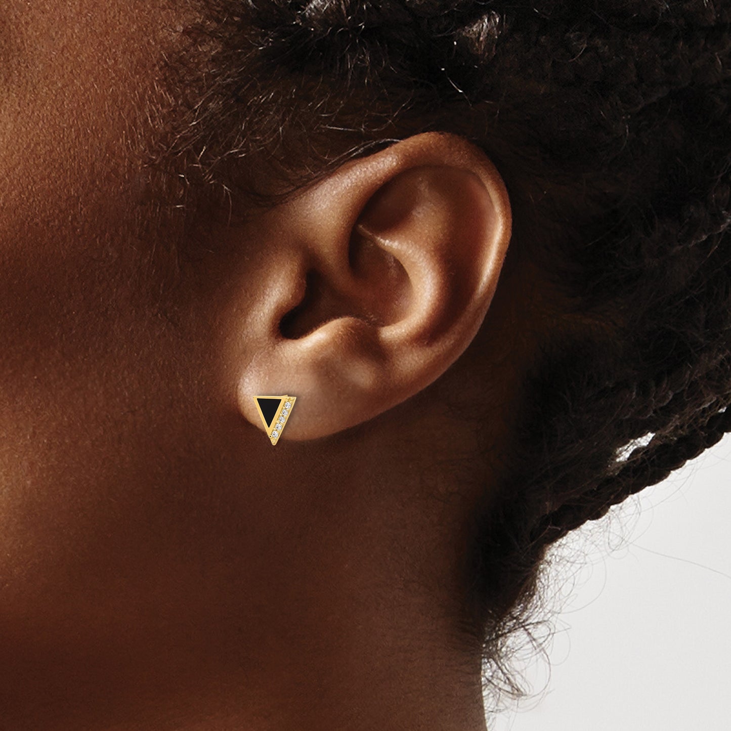 14K CZ and Black Epoxy Triangle Post Earrings