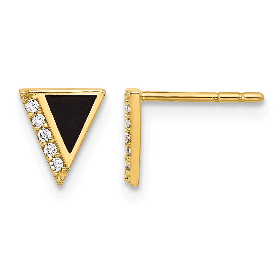 14K CZ and Black Epoxy Triangle Post Earrings
