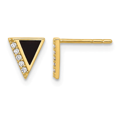 14K CZ and Black Epoxy Triangle Post Earrings