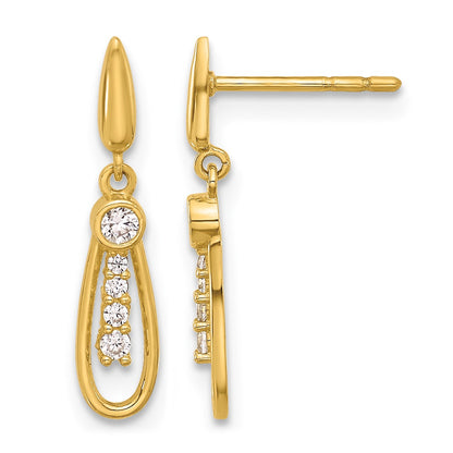 14K Polished Teardrop with CZ Dangle Post Earrings
