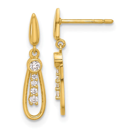 14K Polished Teardrop CZ Post Dangle Earrings