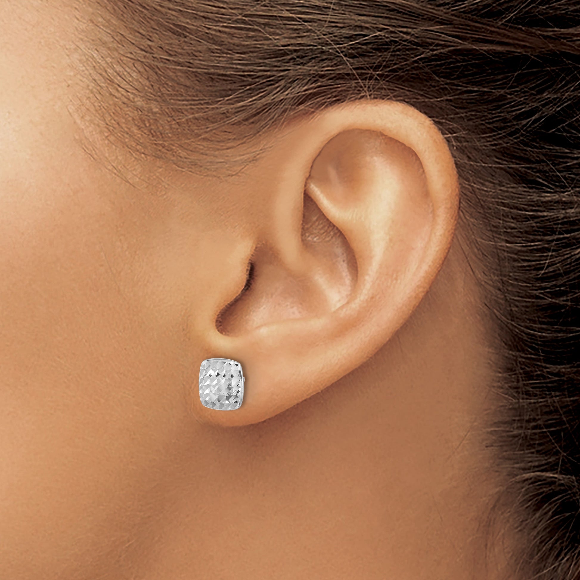 14K White Gold 8mm Diamond-cut Puffed Square Button Post Earrings