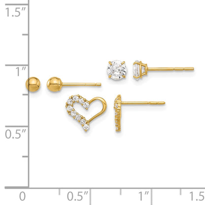 14K Polished 4mm CZ/3mm Ball/CZ Heart Post Set 3 Pair Earrings