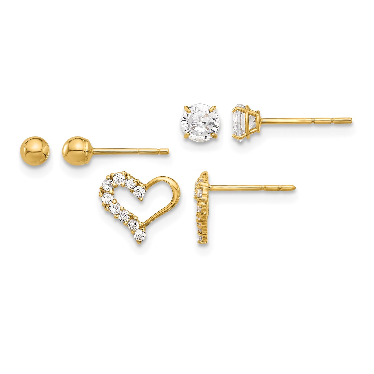 14K Polished 4mm CZ/3mm Ball/CZ Heart Post Set 3 Pair Earrings