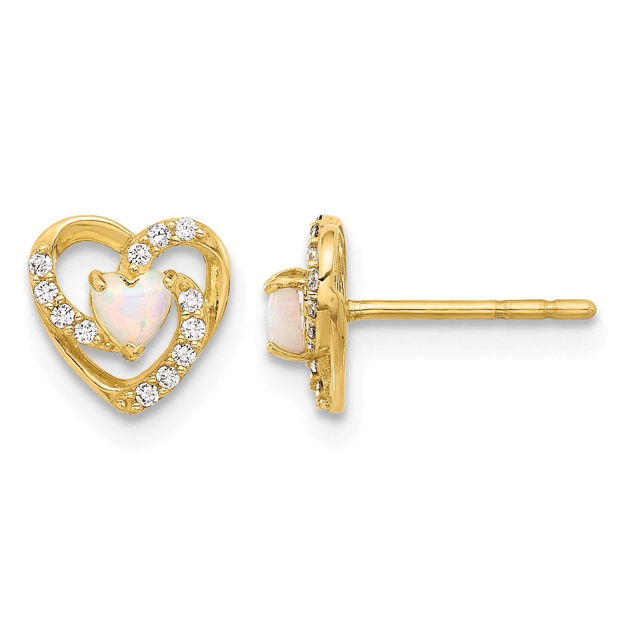 14K CZ and Lab Created Opal Heart Post Earrings
