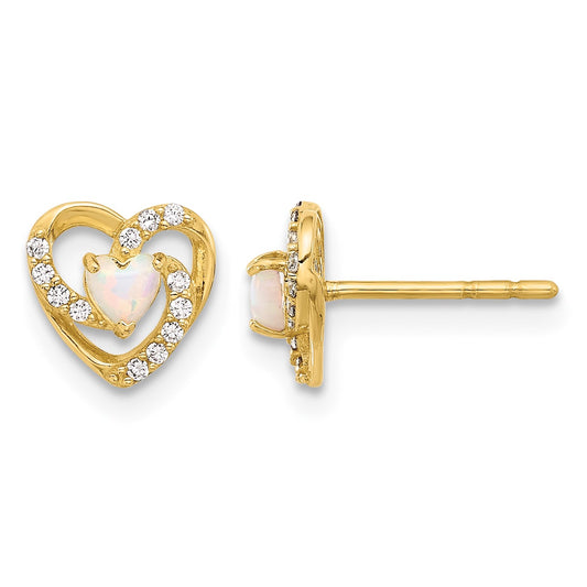14K CZ and Lab Created Opal Heart Post Earrings