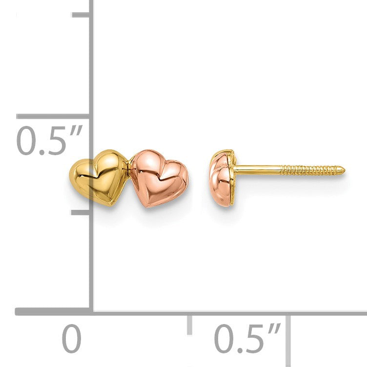 14K Two-tone Double Hearts Screwback Post Earrings