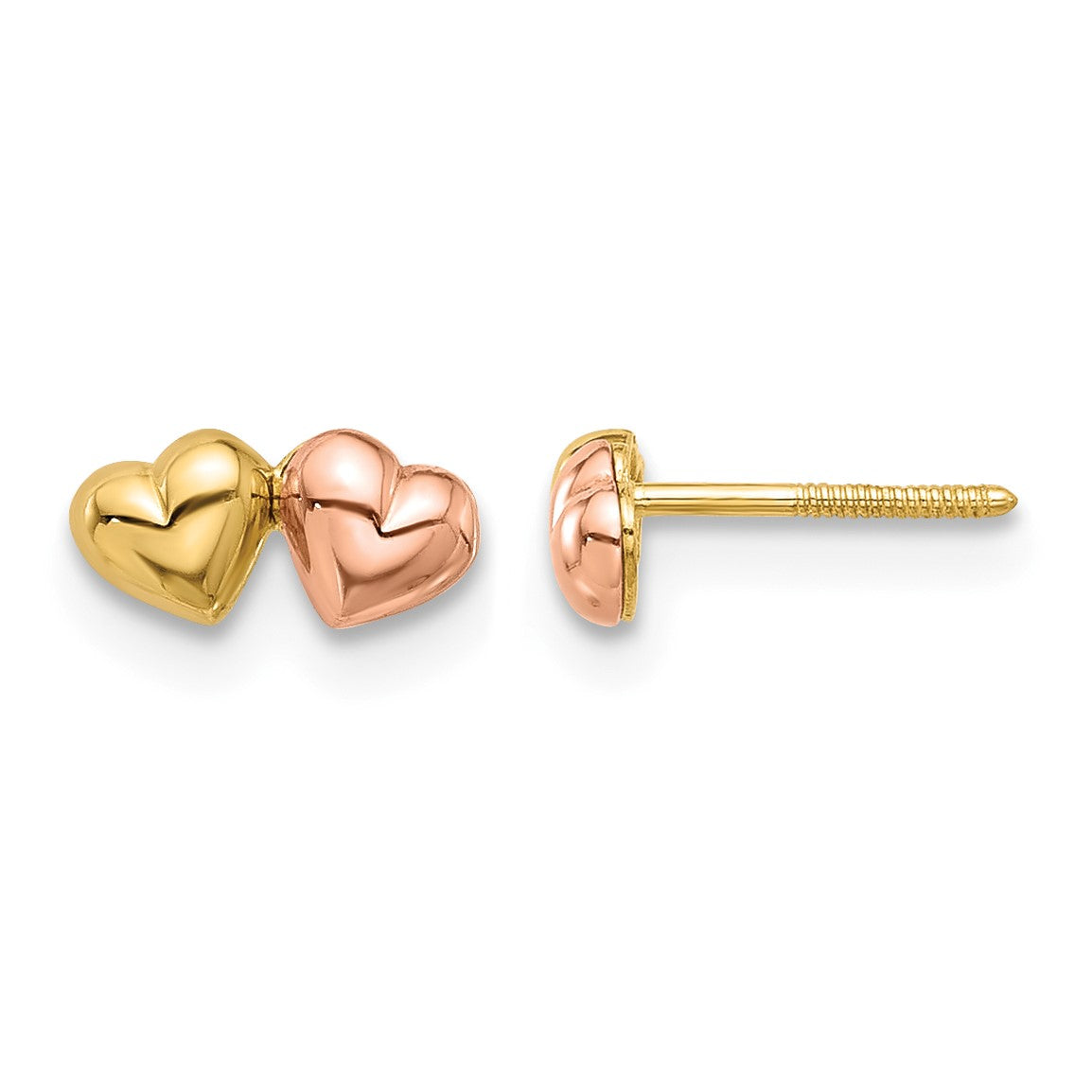 14K Two-tone Double Hearts Screwback Post Earrings