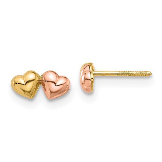 14K Two-tone Double Hearts Screwback Post Earrings