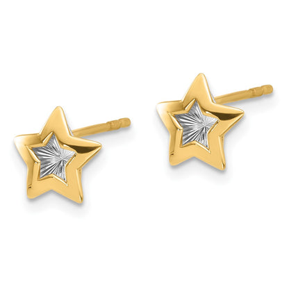 14K with Rhodium Polished and Textured Star Post Earrings