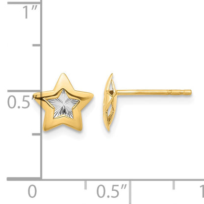 14K and White Rhodium Polished Diamond-cut Star Post Earrings