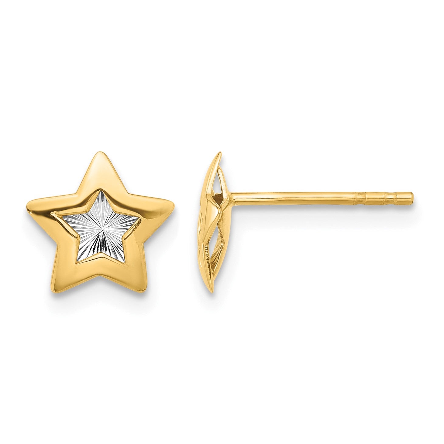 14K and White Rhodium Polished Diamond-cut Star Post Earrings