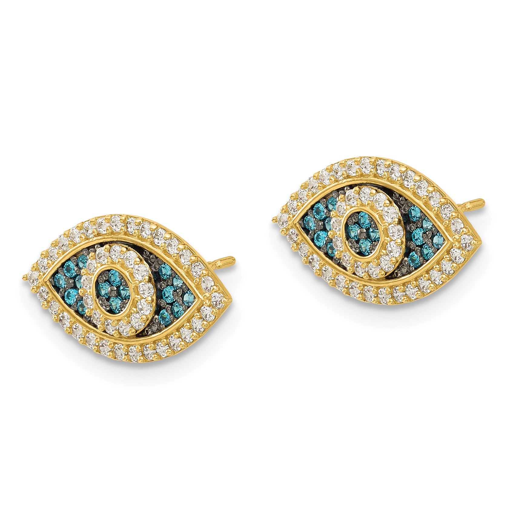 14k with Black Rhodium Polished Blue and White CZ Evil Eye Post Earrings