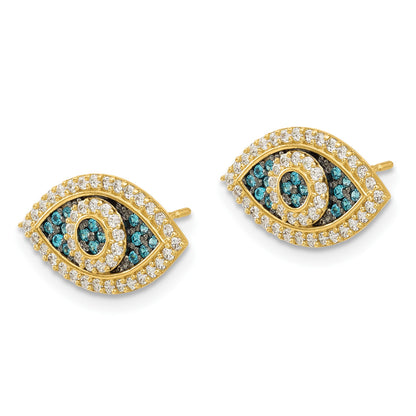 14k with Black Rhodium Polished Blue and White CZ Evil Eye Post Earrings