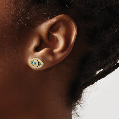 14k with Black Rhodium Polished Blue and White CZ Evil Eye Post Earrings