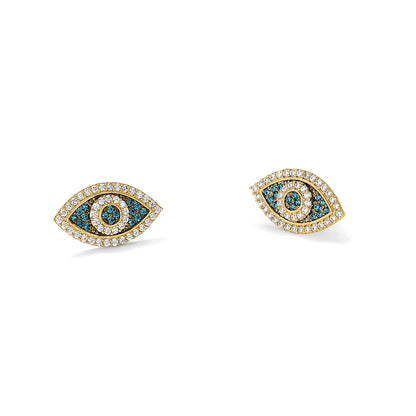 14k with Black Rhodium Polished Blue and White CZ Evil Eye Post Earrings