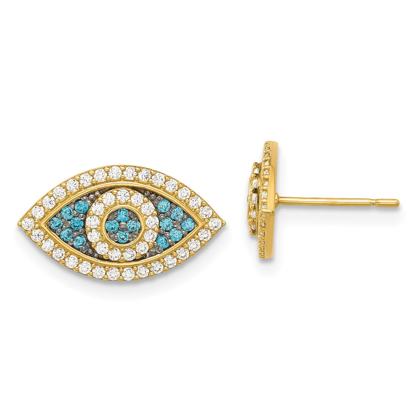 14k with Black Rhodium Polished Blue and White CZ Evil Eye Post Earrings