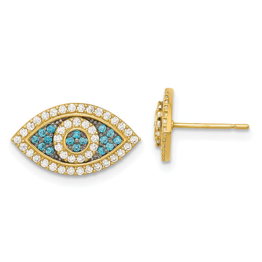 14k with Black Rhodium Polished Blue and White CZ Evil Eye Post Earrings