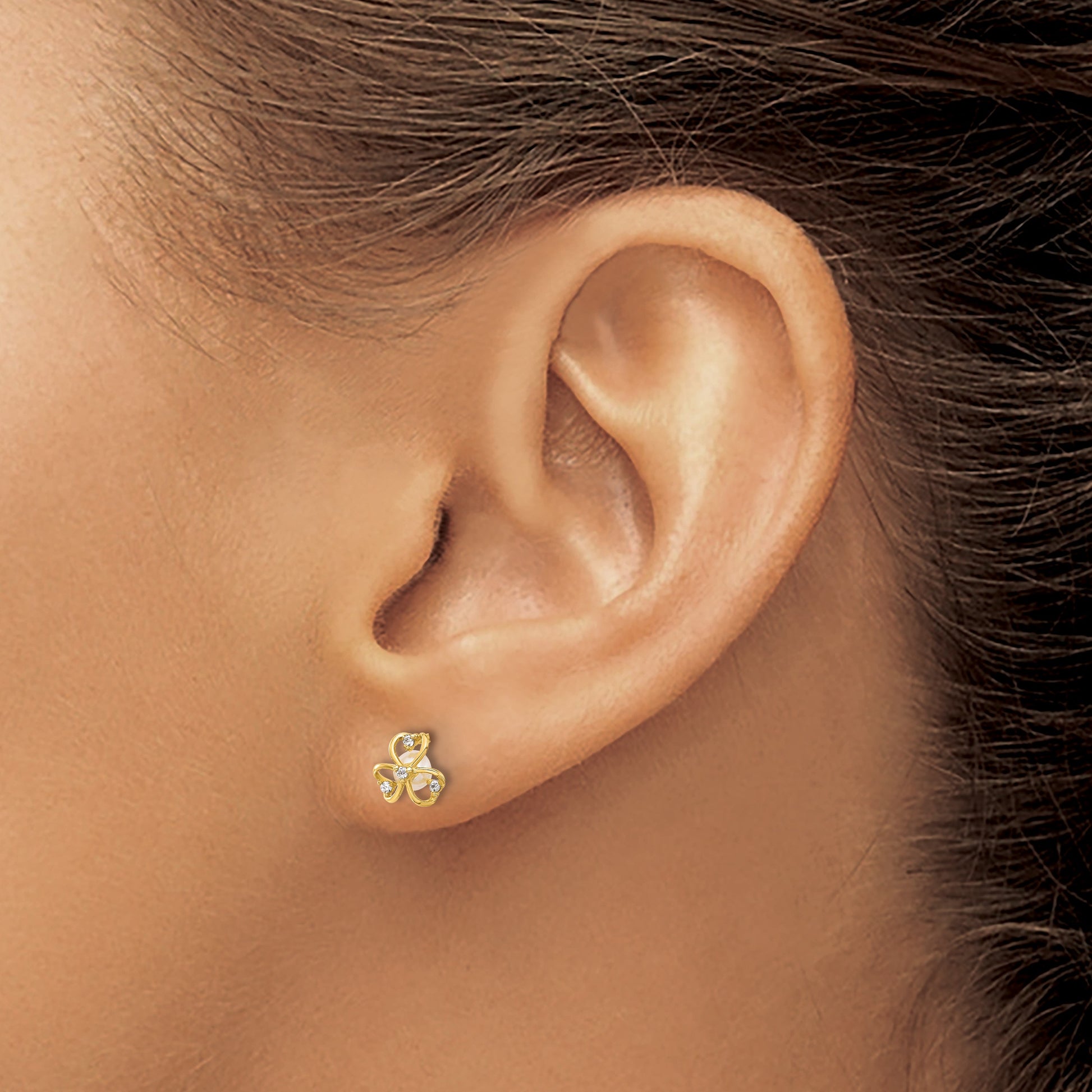 14K CZ and Freshwater Cultured Pearl Clover Post Earrings