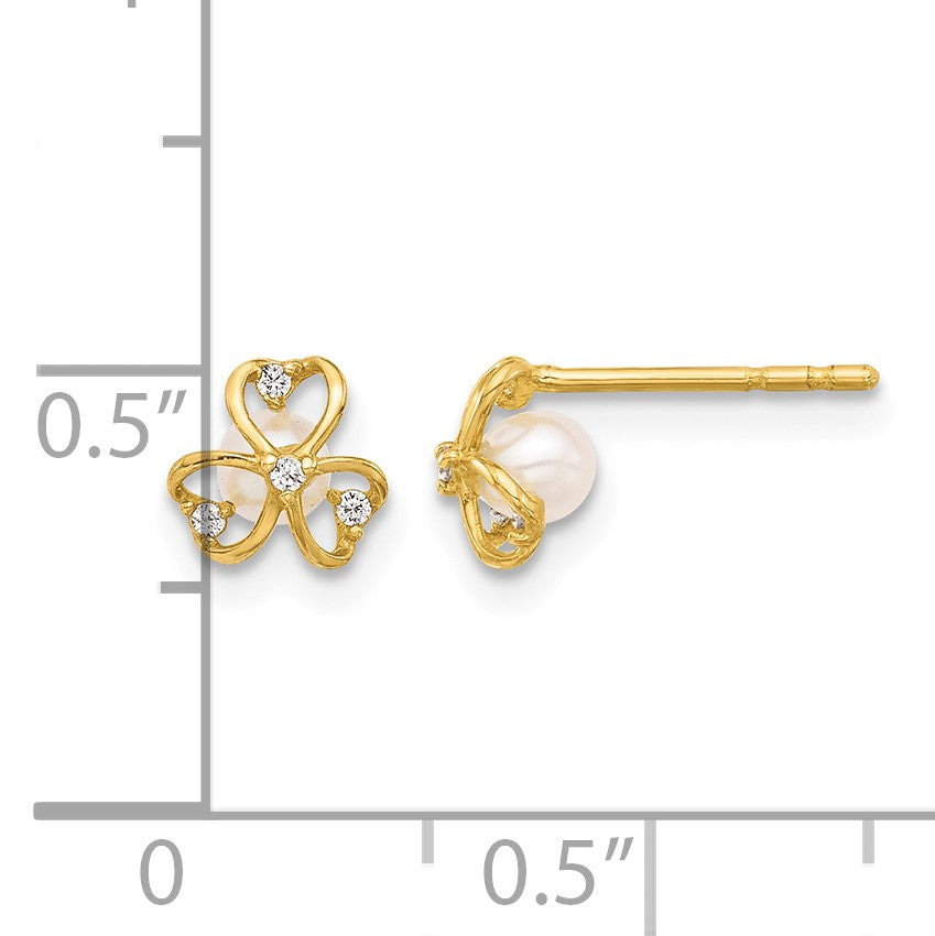 14K CZ and Freshwater Cultured Pearl Clover Post Earrings