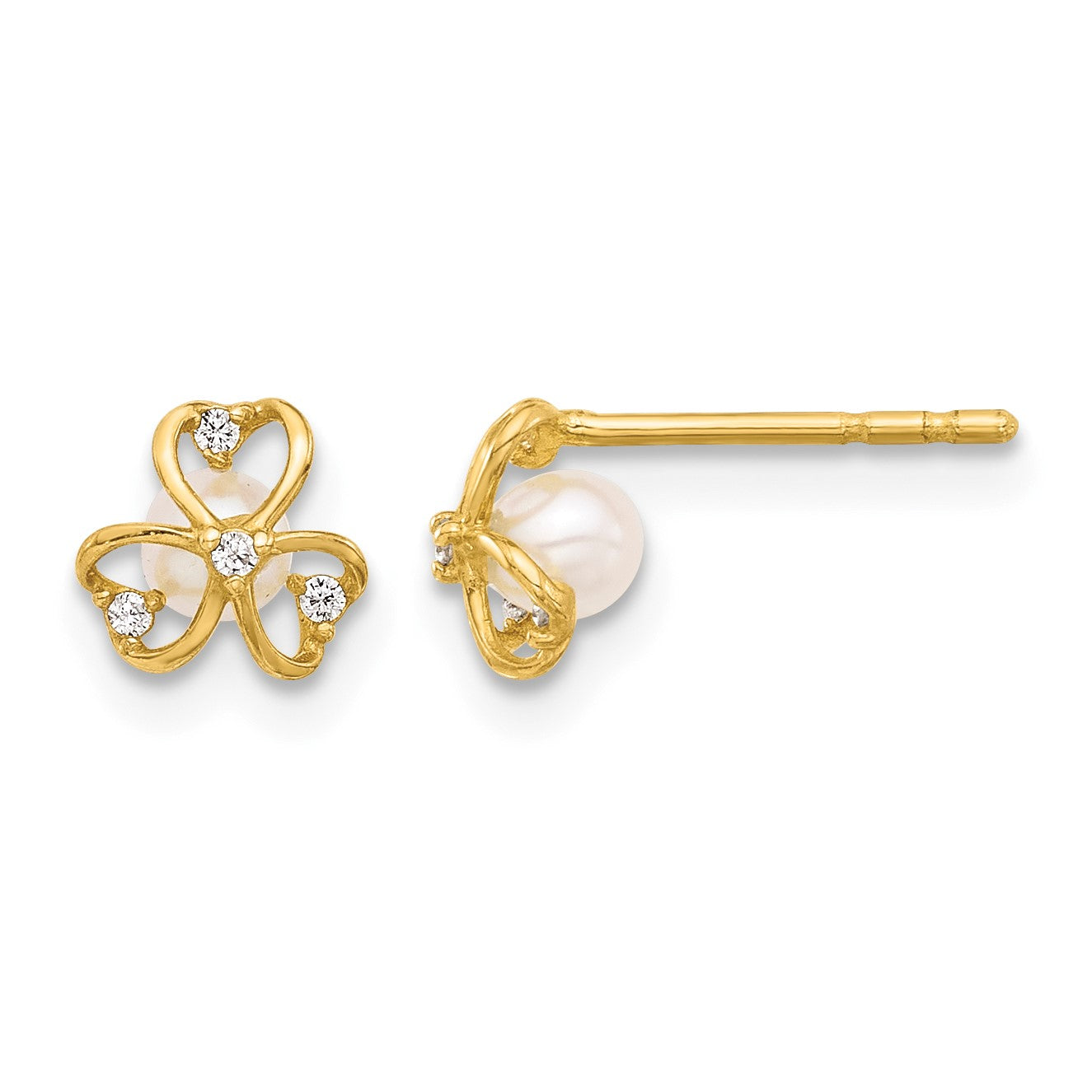 14K CZ and Freshwater Cultured Pearl Clover Post Earrings