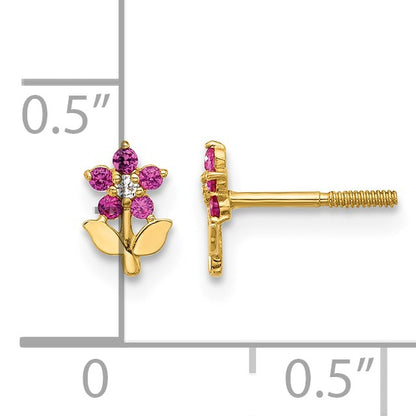 14K Polished Dark Pink and White CZ Flower Screwback Post Earrings