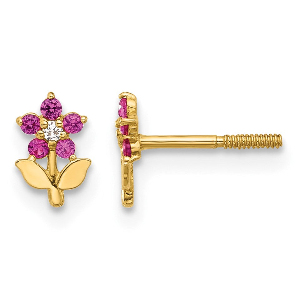 14K Polished Dark Pink and White CZ Flower Screwback Post Earrings