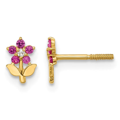 14K Polished Dark Pink and White CZ Flower Screwback Post Earrings