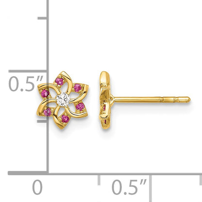 14K Polished Red and White CZ Flower Post Earrings
