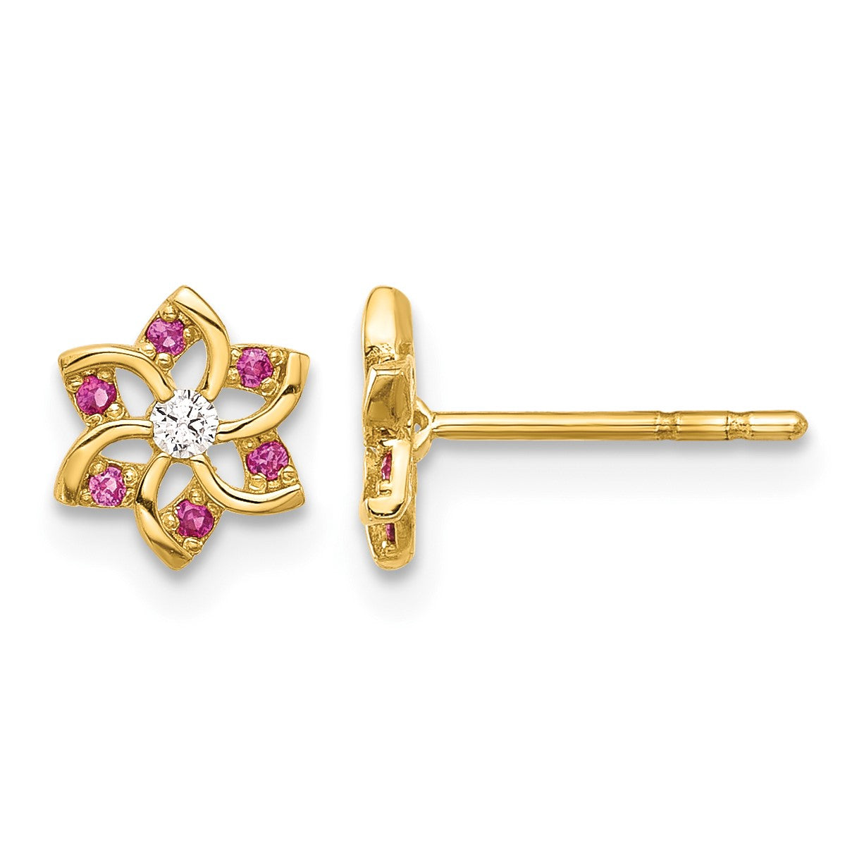 14K Polished Red and White CZ Flower Post Earrings