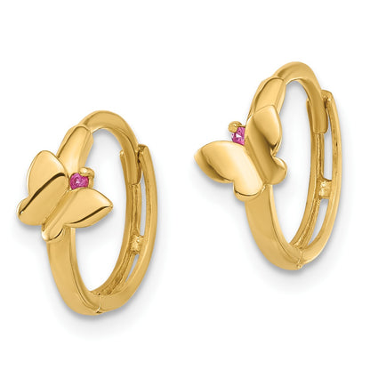 14K Polished Pink CZ Butterfly Round Hinged Hoop Earrings