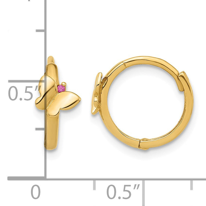 14K Polished Pink CZ Butterfly Round Hinged Hoop Earrings