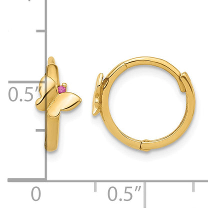 14K Polished Pink CZ Butterfly Round Hinged Hoop Earrings