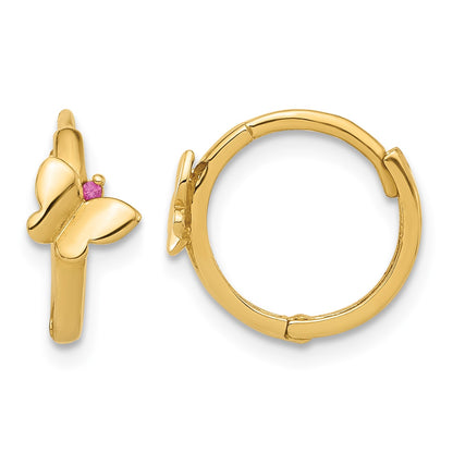 14K Polished Pink CZ Butterfly Round Hinged Hoop Earrings