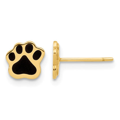 14K Polished Paw with Black Enamel Post Earrings